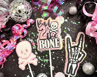 Bad TWO the Bone Motorcycle Born 2 Ride Skull Pink Cupcake Toppers