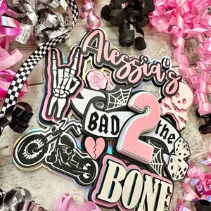 Bad TWO the Bone Motorcycle Born 2 Ride Skull Pink Cake Topper