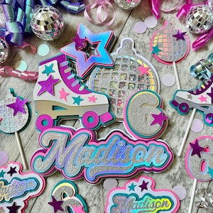 Lets Roll Retro Roller skate Rollerskate Derby Theme 70s 80s Disco Glitter Shaker Cake Topper and Cupcake Toppers