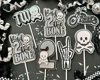 Bad TWO the Bone Motorcycle Born 2 Ride Skull Cupcake Toppers