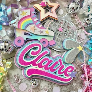 Rollerskate Roller Disco 70s 80s Neon Pink Glitter Shaker Cake Topper