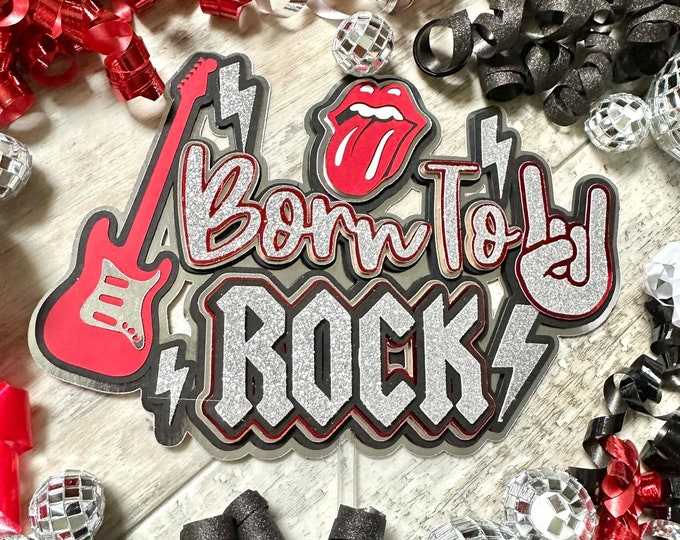 Born To Rock Cake Topper - Black Glitter Musical Theme Decor For Rock & Roll Birthday Or Baby Shower