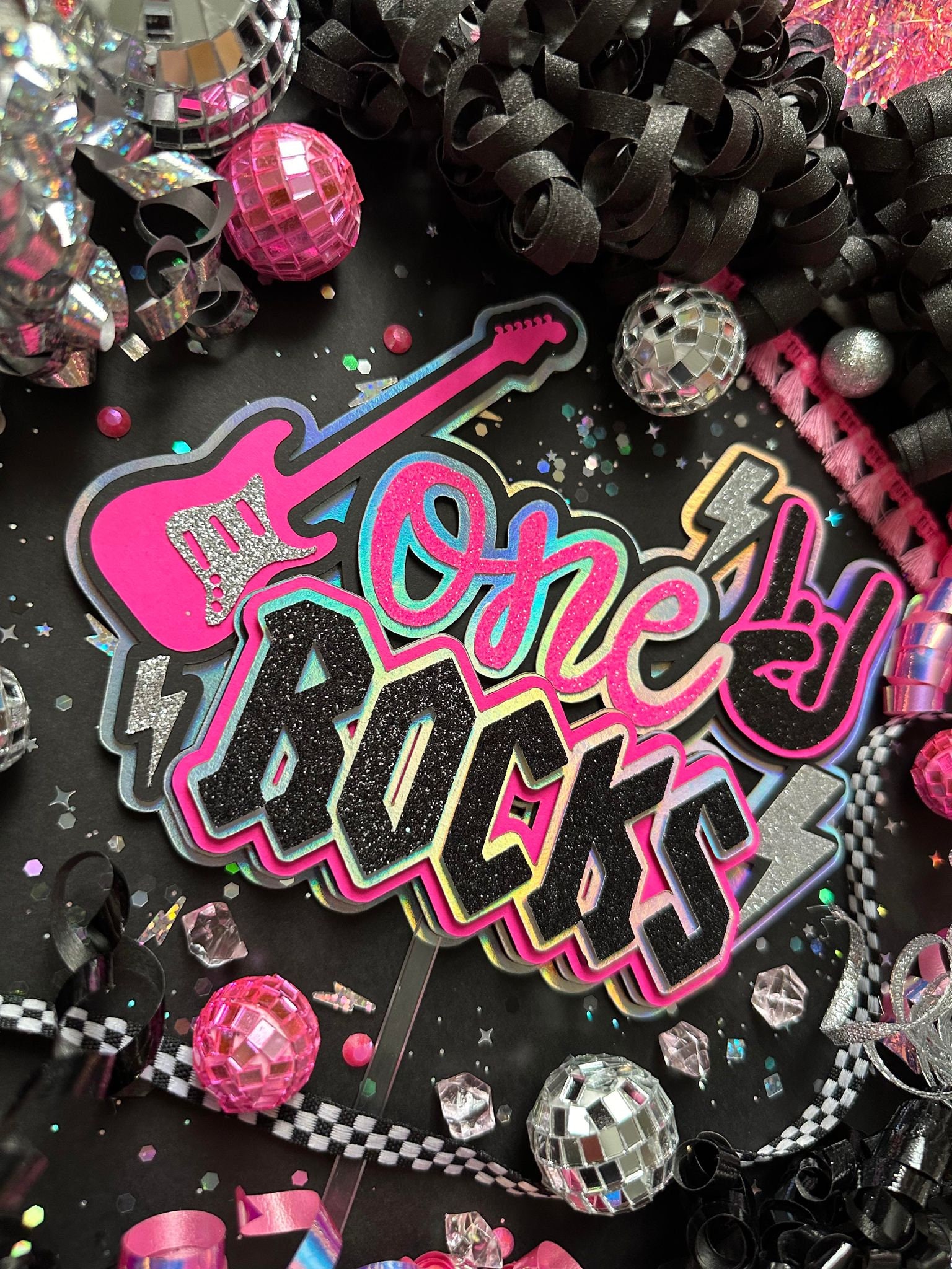 One Rocks Hot Pink Holographic Silver Rock N Roll Born to Rock Theme ...