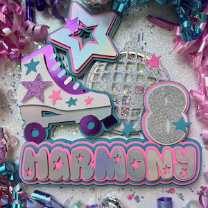 Lets Roll Retro Roller Skate Derby Rollerskate Roller Disco Theme 70s 80s Glitter Shaker Cake Topper