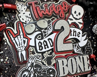 Bad TWO the Bone Motorcycle Born 2 Ride Skull Biker Dude Black Red Cake Topper