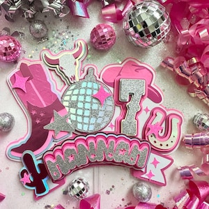 Disco Cowgirl Let&#39;s Go Girls Space Cow Girl First Rodeo Silver Pink Boot Cow Horseshoe Cake Topper