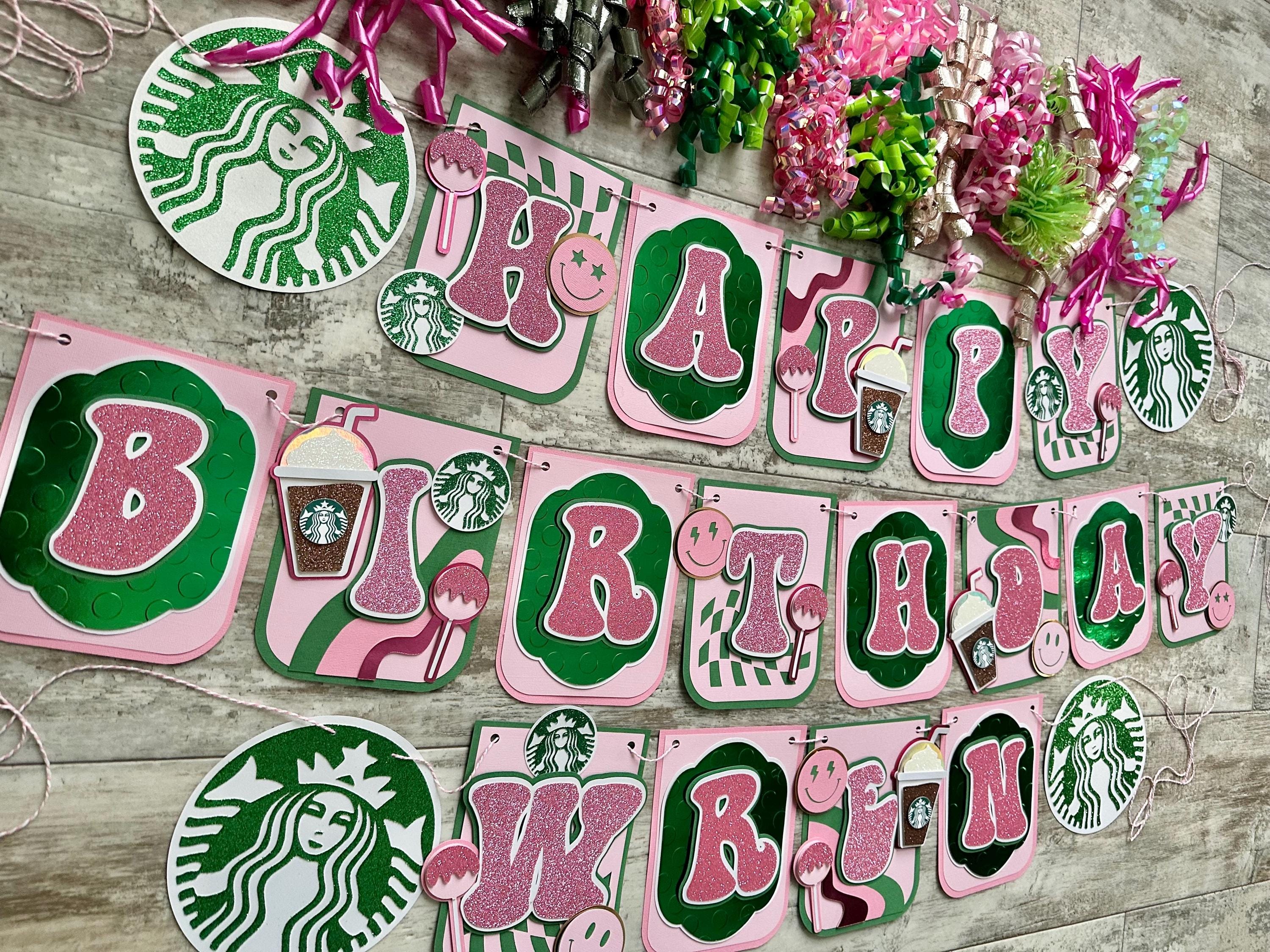 Preppy Starbies Coffee Smile Preppy Checkered Pink Green Birthday Banner