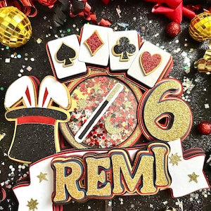 Magier Magic Show Poker Kaninchen-Hut Spielkarten Poker-Thema Glitter Shaker Cake Topper