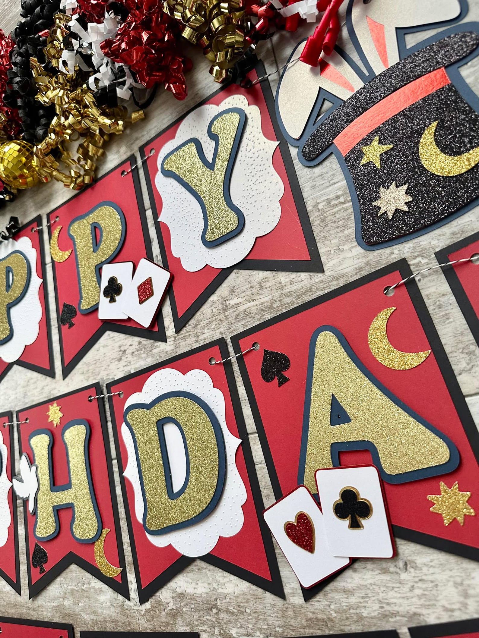 Magic Birthday Banner Glitter Gold Letters Card Suits