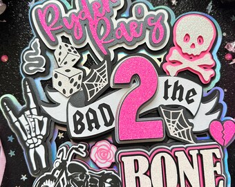 Bad TWO the Bone Motorcycle Born 2 Ride Skull Pink Cake Topper