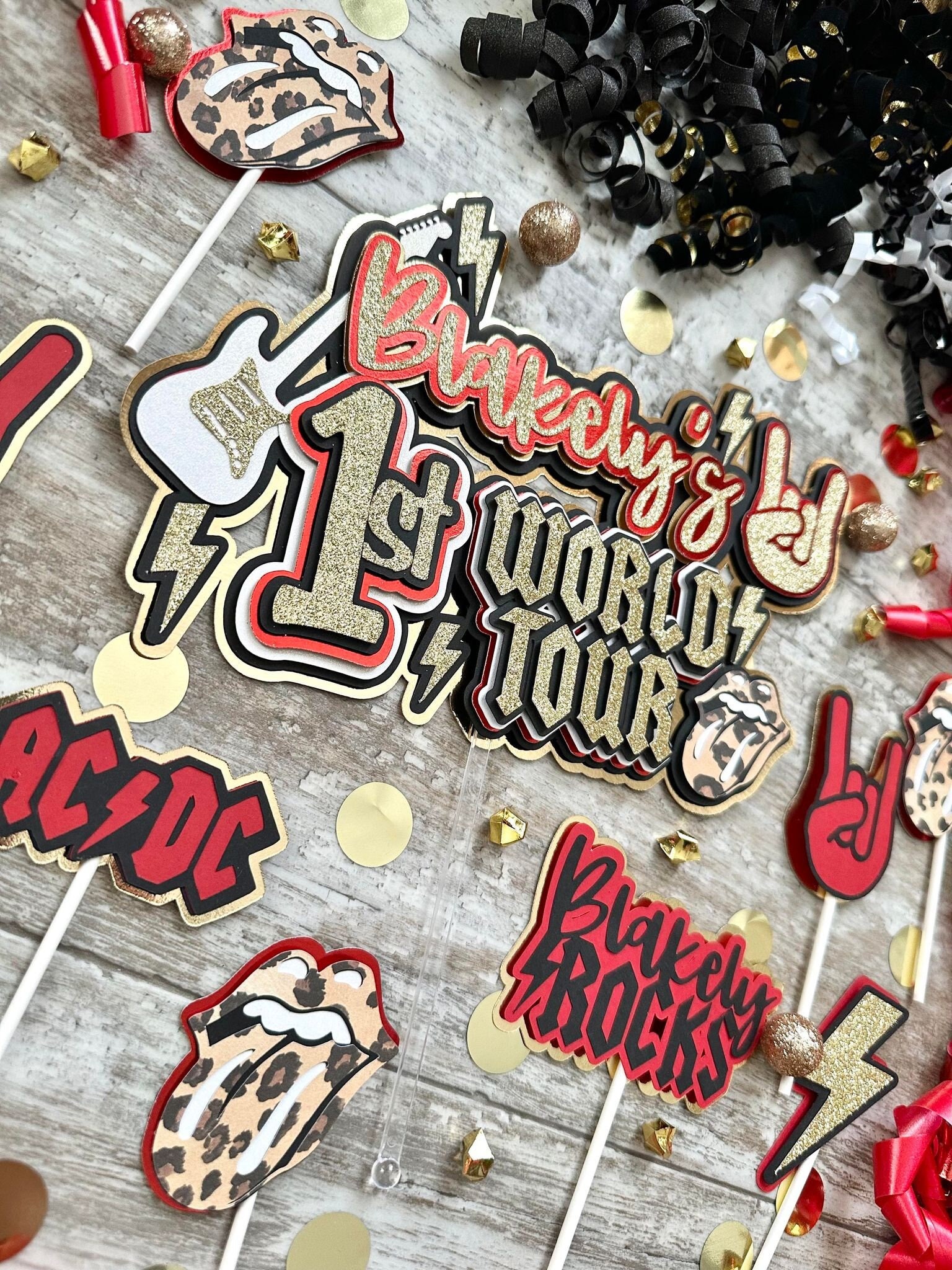 World Tour Leopard Rock N Roll Rockstar Birthday Cake Topper Cupcake Toppers  