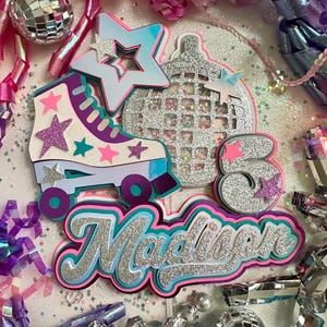 Lets Roll Retro Roller skate Rollerskate Derby Theme 70s 80s Disco Glitter Shaker Cake Topper and Cupcake Toppers