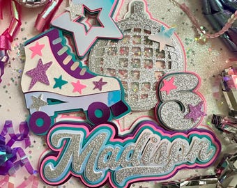 Lets Roll Retro Roller skate Rollerskate Derby Theme 70s 80s Disco Glitter Shaker Cake Topper and Cupcake Toppers
