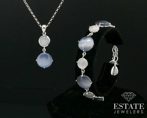 Estate Sterling Silver Natural Cats Eye Chain Nec… - image 1