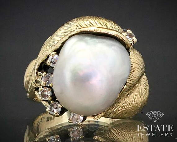 Vintage 14k Yellow Gold 11mm Baroque Pearl & Diam… - image 1