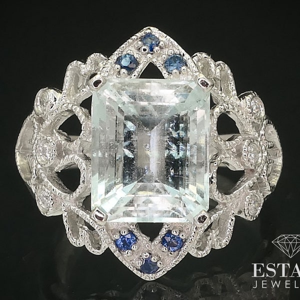 14k White Gold Natural Aquamarine Sapphire Diamond Filigree Ring 5.5g i15822