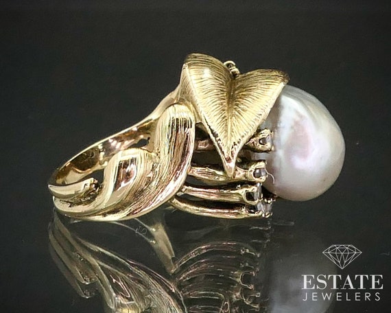 Vintage 14k Yellow Gold 11mm Baroque Pearl & Diam… - image 3