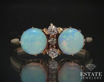 Antique Victorian 14k Yellow Gold Natural Opal & Cut Diamond Ring 3.5g i16761