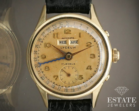 1950s 14k Gold Lyceum Heuer Triple Date Calendar … - image 1