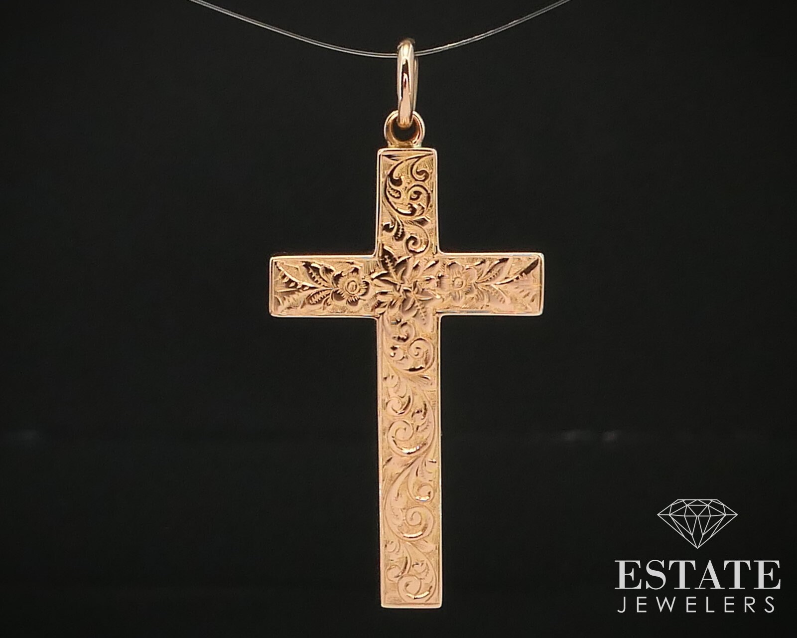 Antique Victorian 9k Rose Gold European Engraved Cross Pendant 2.9g i14718