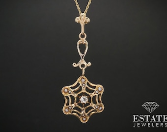 Antique Yellow Gold Diamond & Seed Pearl Spider Web Pendant Necklace 2g i16685