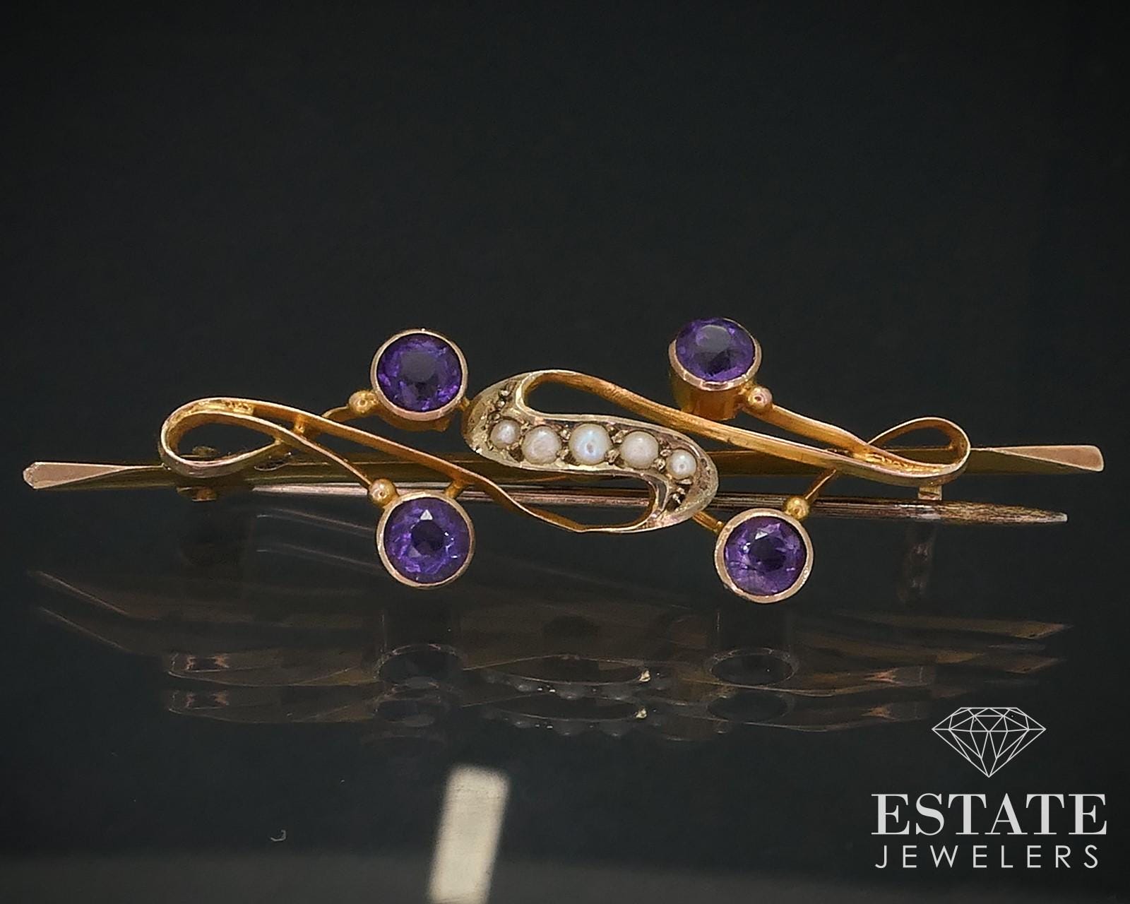 Y's handmade　0903＊ Antique Victorian 9k Yellow Gold Amethyst & Seed Pearl Pin Brooch