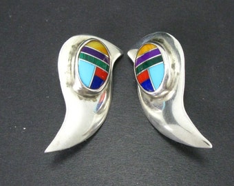Vintage Sterling Navajo Multi Gem Navajo Signed Stud Earrings 16.7g i12654