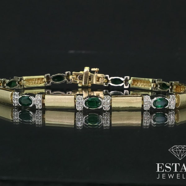 14k Yellow & White Gold Natural Emerald Diamond Tennis Bracelet 16.2g i15823