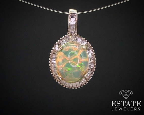 Sterling Silver Natural Jelly Opal & Diamond Halo… - image 1