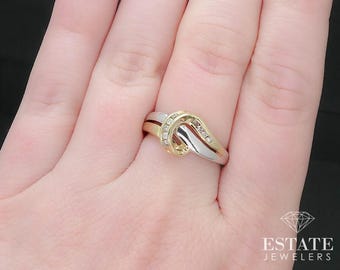 10k White & Yellow Gold Natural .12ctw Diamond Crossover Band Ring 3.4g i17190b