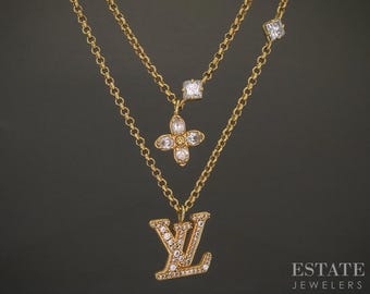 Vintage Gold Tone Louis Vuitton Lady LV Cystal Double Necklace 16"L p26488