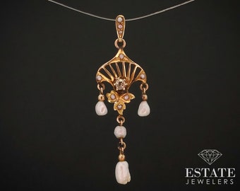 Antique Victorian 14k Yellow Gold Diamond & Seed Pearl Lavalier Pendant i14896