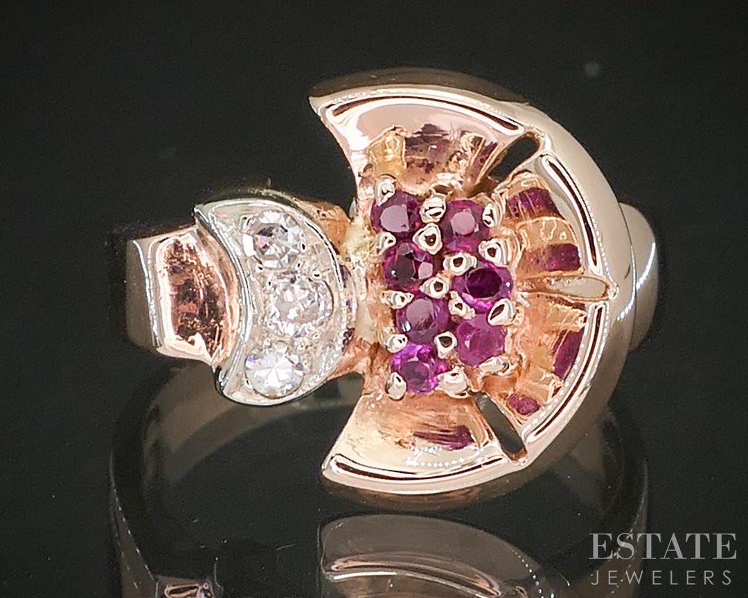 Vintage 14k Rose White Gold Natural Ruby & Diamond Band Ring 6.3g ...