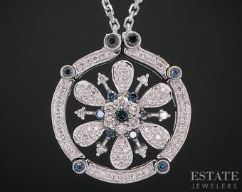 14k White Gold Natural Blue & White Diamond Flower Convertible Necklace i18486