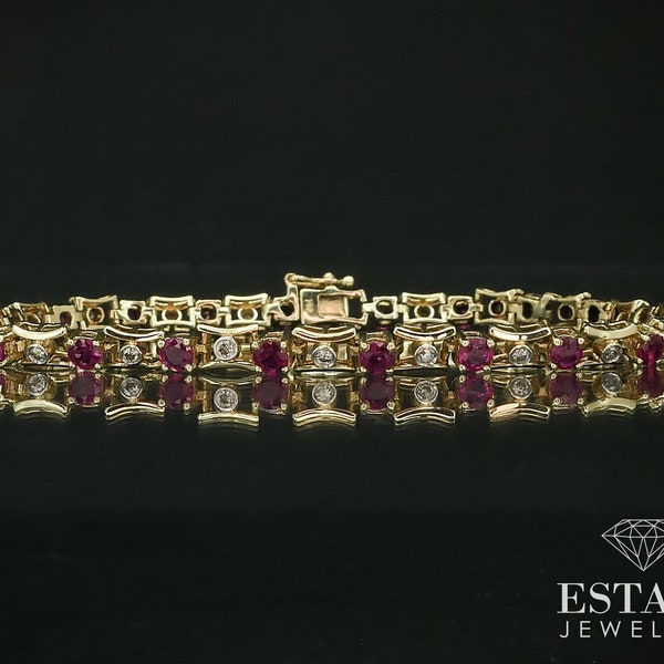 14k Yellow Gold Natural Ruby & Diamond Tennis Bracelet 9.7g 7.5"L i15780