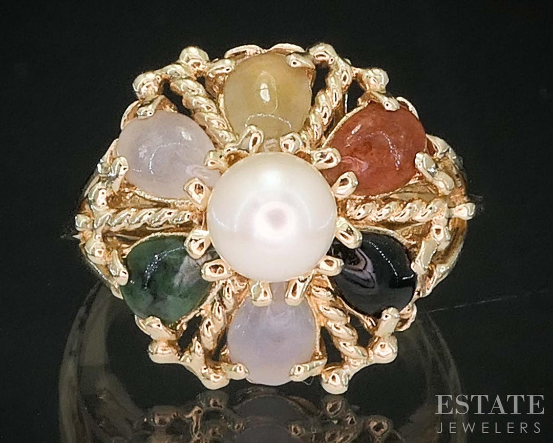 Vintage 14k Yellow Gold Natural Multi Colored Jade & Pearl Ring 5g ...