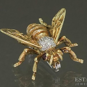 18k Yellow Gold Natural Ruby & Diamond Bee Bug Pin Brooch 4.8g p26229b