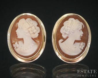 Vintage 14k Yellow Gold Natural Cameo Stud Ladies Earrings 3.3g i18481