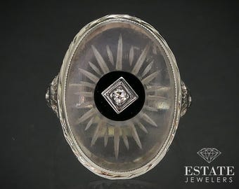 Antique Deco 14k Gold Rock Crystal Quartz Onyx Diamond Filigree Ring 3.3g i17499