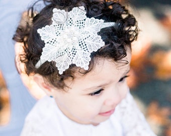 Ivory flower headband, lace headband, infant lace headband, baby girl headband, baptism headband, christening headband, gorgeous headband