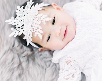 Lace Snowflake Baby Headband • Rhinestone Christening Photo Prop