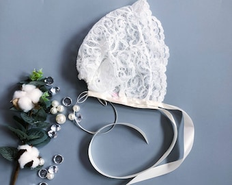 Baby Christening Bonnet • Ivory Lace Baptism Hat • Satin Ties & Pearls • Handmade Newborn Gift