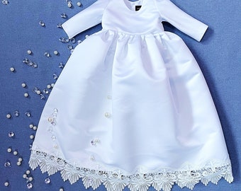 Handmade Satin Christening Gown • White Lace Baptism Dress