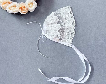 Christening bonnet, white lacy bonnet, baptismal bonnet, special occasion bonnet, blessing bonnet, baptism lace bonnet, lace bonnet, baby