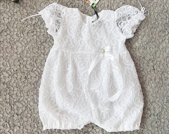 Riina white baptismal romper, white lace christening romper, white cotton church suit, baptism romper, girl's blessing suit, blessing romper