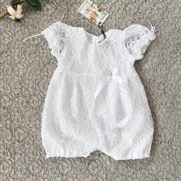 Riina white baptismal romper, white lace christening romper, white cotton church suit, baptism romper, girl's blessing suit, blessing romper