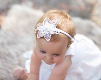 Baby Flower Headband • Lace and Rhinestone Hair Accessory • Christening & Baptism Outfit Accent • Newborn Gift