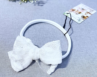 Theia white headband, bow headband, infant headband, baby girl headband, baptism headband, christening headband, nylon headband