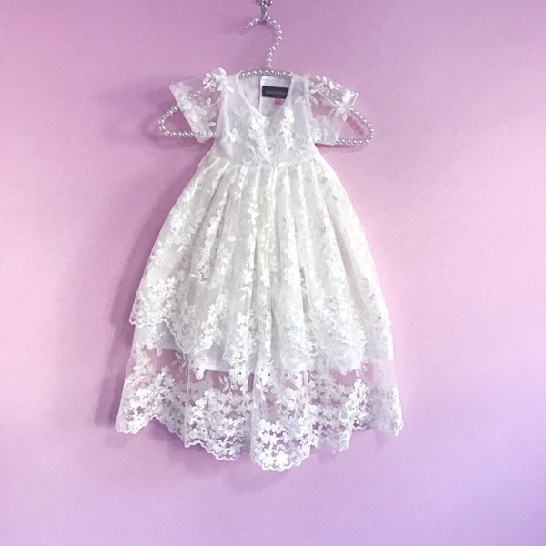 Theia christening dress, lace baby girl's baptism gown, white blessing dress, christening gown, infant baptism dress, blessing dress