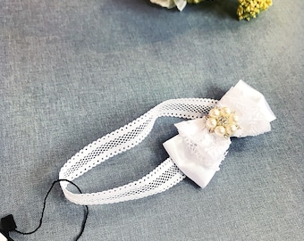 Baby Christening Headband • Lace & Rhinestone Satin Bow Hair Accessory • Baptism Outfit Accent • Newborn Gift